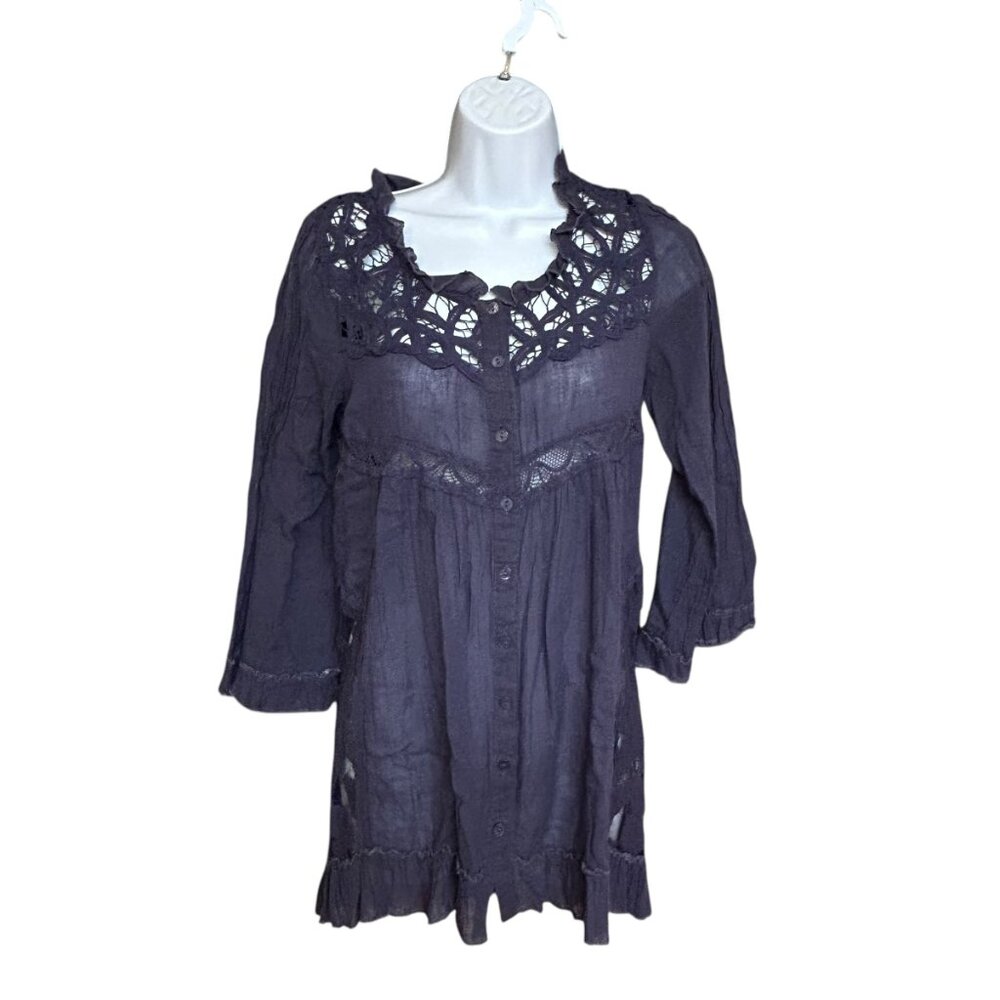 Divided Gauzy Lace Semi Sheer Long Line Button Front Ruffle Blouse Size S